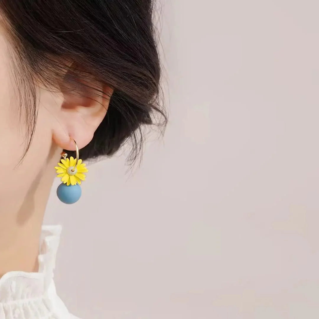Yellow Flower & Blue Charm Dangle Design Asymmetric Sunflower Earrings With Tassel
