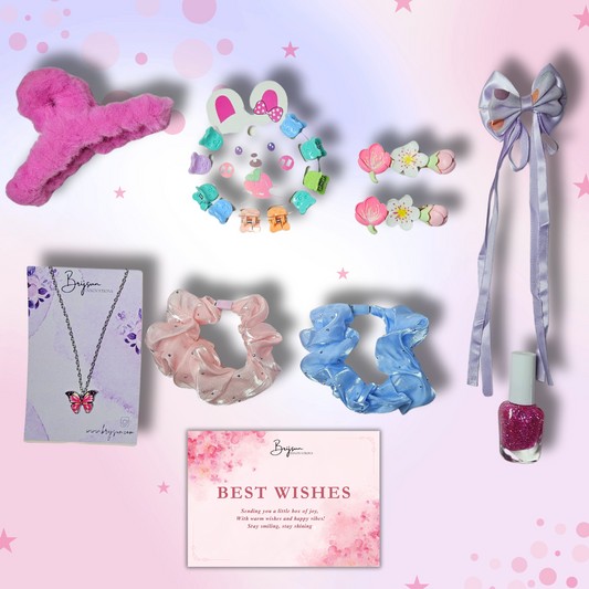 Girls Cute Accessories Gift Set – Hair Clips, Scrunchies, Necklace, Hair Bow & Nail Polish with Gift Card