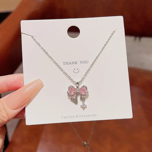 Pink Bow Silver Chain With Crystal Drop Pendant Necklace