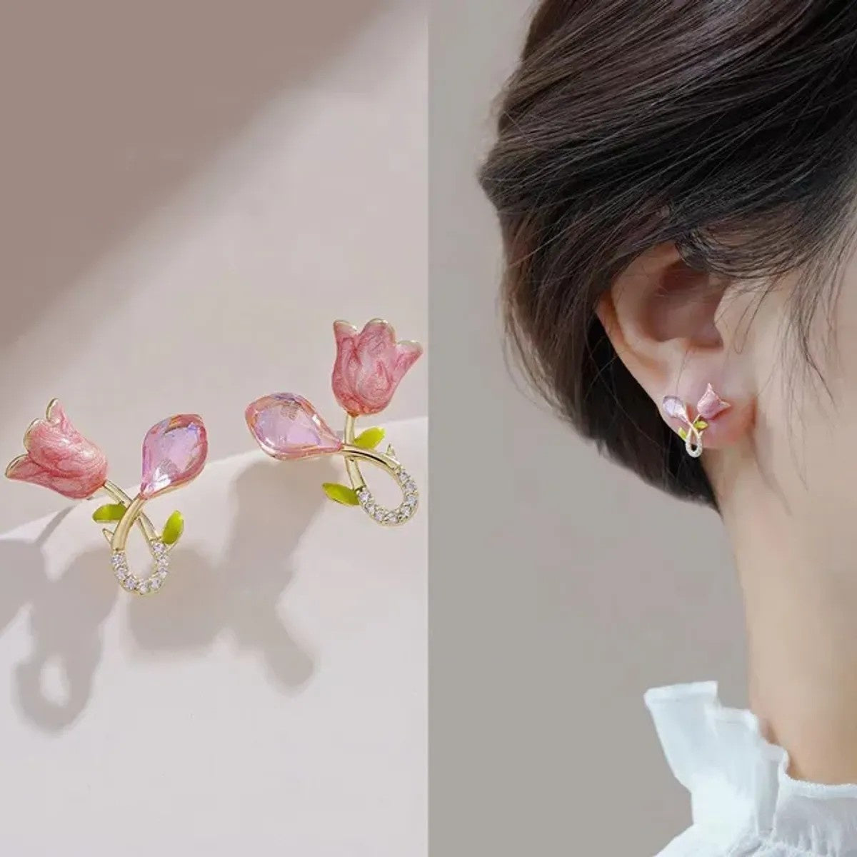 Pink Delicate Gold-Plated Floral Design Tulip Crystal Stud Earrings