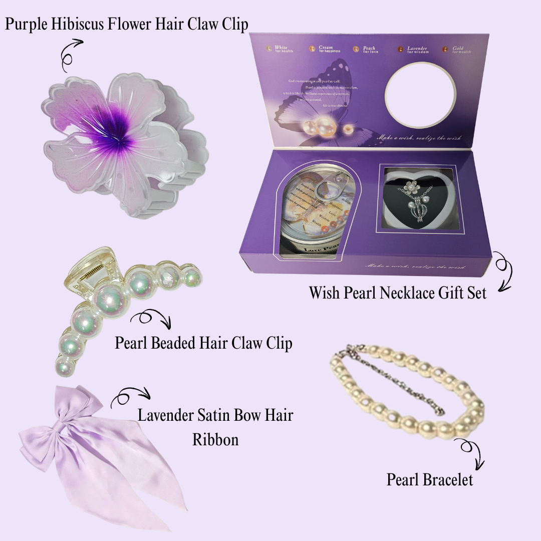 Pearl Jewelry & Hair Accessory Gift Box β Necklace, Bracelet, Floral Clips & Scrunchie π Free Gift on Prepaid order