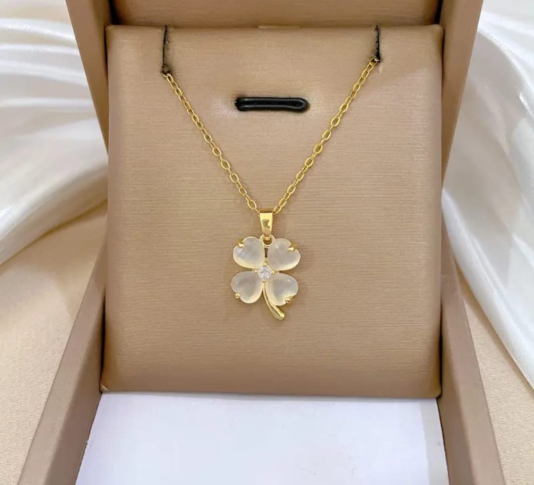 Golden & White Korean Style Four Leaf Clover Pendant Necklace For Women & Girls