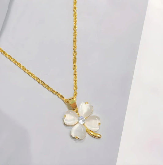 Golden & White Korean Style Four Leaf Clover Pendant Necklace For Women & Girls