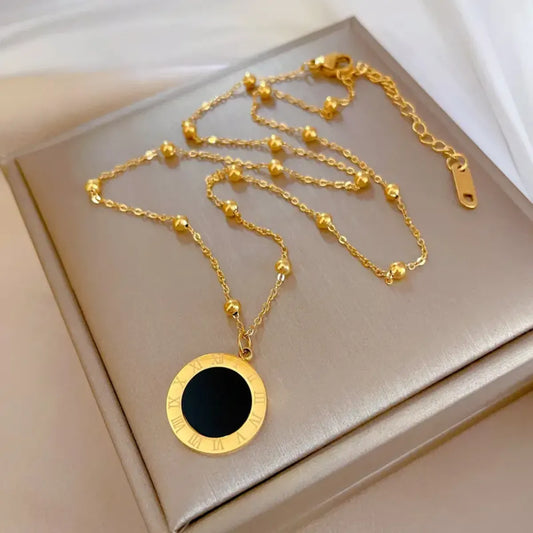 Black Golden Classic Round Design On Metal Chain Roman Numeral Pendant Necklace