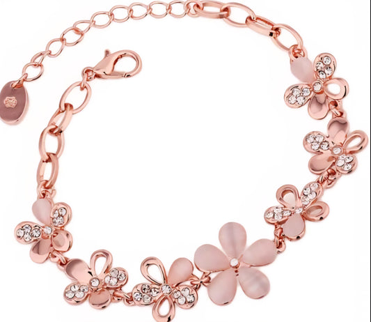 Rose Gold Rose Gold Crystal Studded Adjustable Chain Floral Bracelet For Women