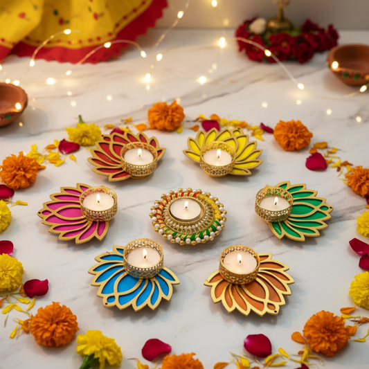 Lotus Diya Set of 6 with Decorative Centerpiece – Festive Tealight Holder