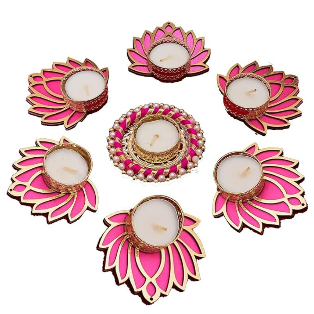 Pink Lotus Tealight Candle Holder Set – 7 Piece Decorative Diya Set for Diwali, Home Decor & Gifting