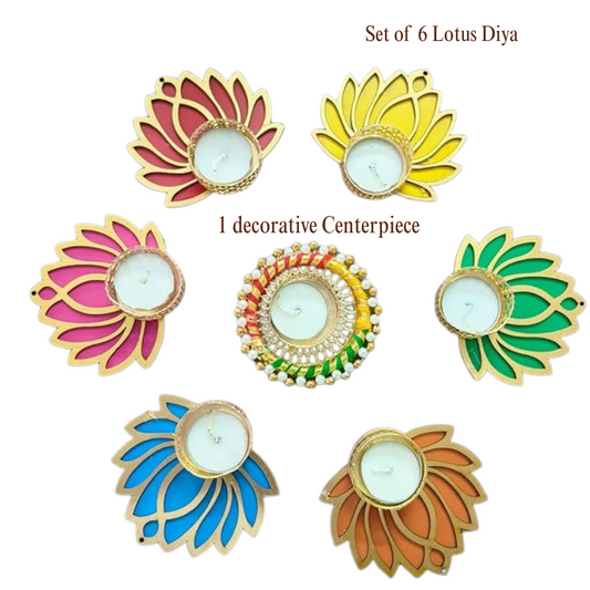 Lotus Diya Set of 6 with Decorative Centerpiece – Festive Tealight Holder