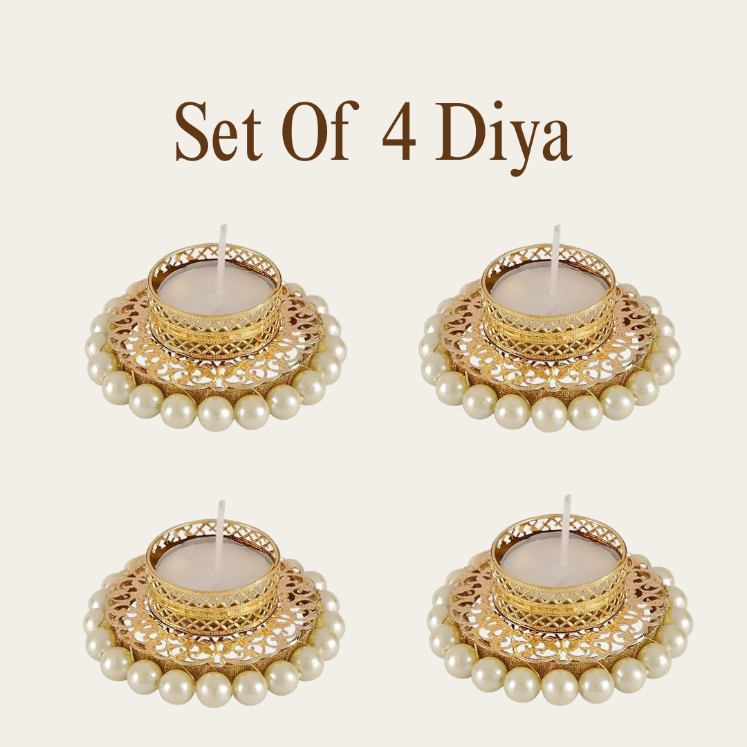 Golden Pearl Decorative Tealight Holders – Set of 2, 4 & 6 | Premium Diya for Diwali, Pooja & Home Décor