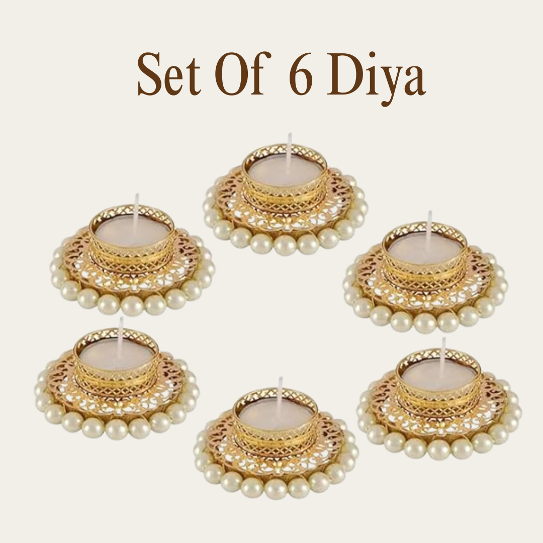 Golden Pearl Decorative Tealight Holders – Set of 2, 4 & 6 | Premium Diya for Diwali, Pooja & Home Décor
