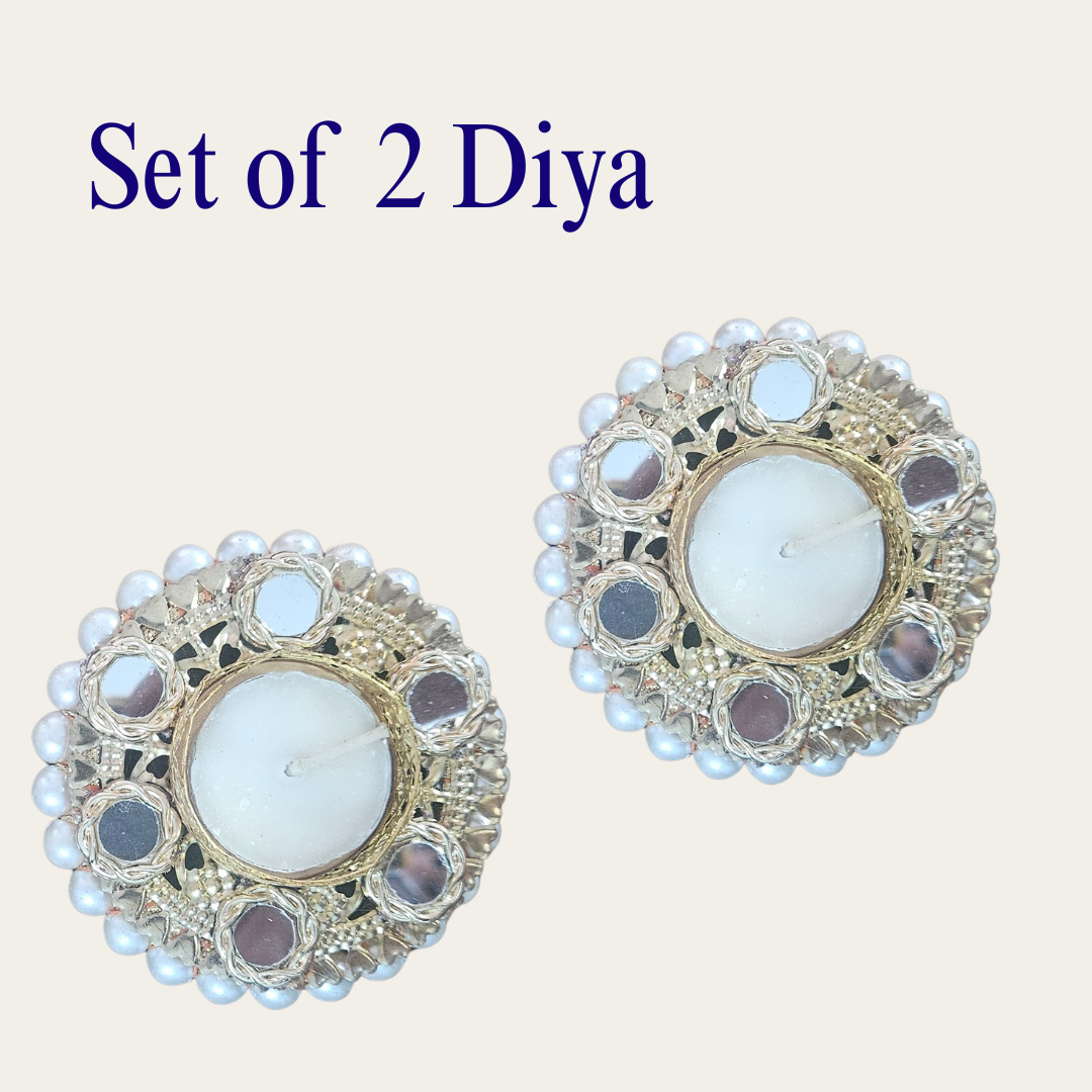 Set of 2/4/6 Pearl & Mirror Work Decorative Tealight Candle Holders for Diwali