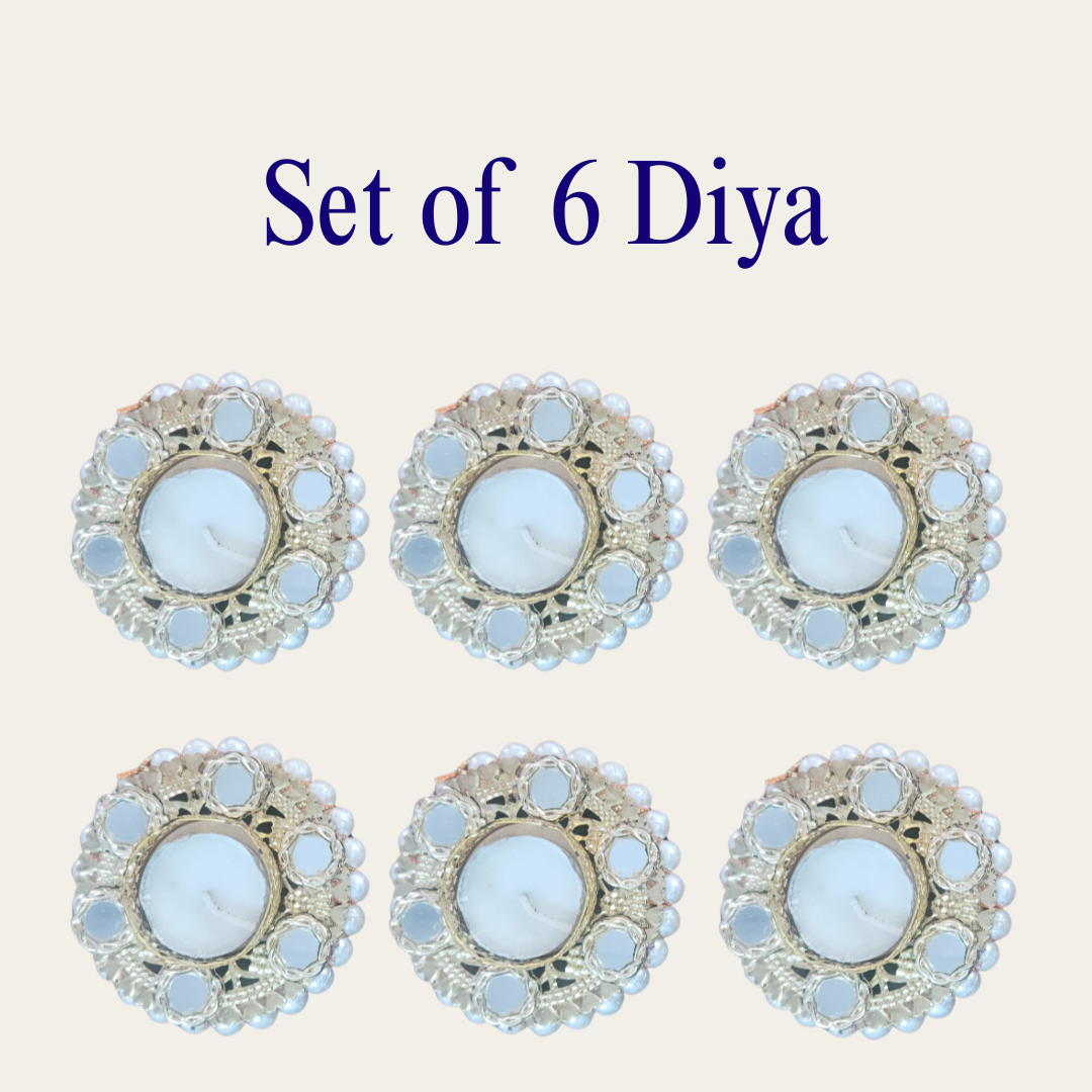 Set of 2/4/6 Pearl & Mirror Work Decorative Tealight Candle Holders for Diwali