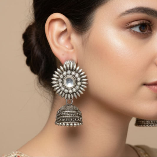 Oxidised Silver Mirror Work Floral Jhumki Earrings for Women – Traditional Ethnic Jewellery