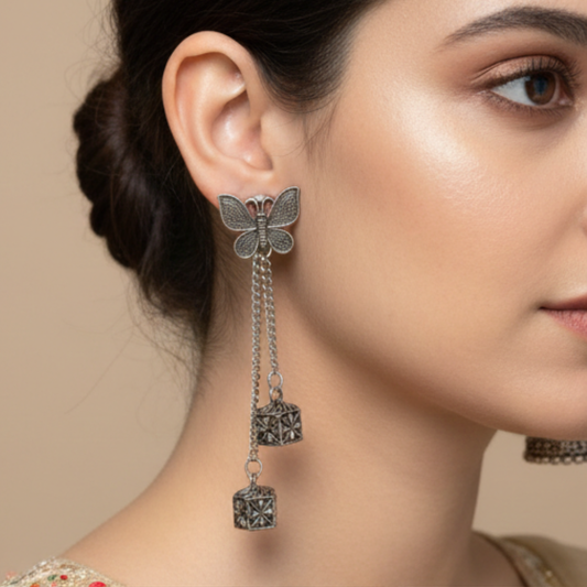 Oxidised Silver Butterfly Jhumki Earrings with Double Chain Drop – Handcrafted Ethnic Jewellery