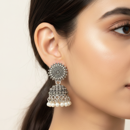 Oxidized Silver Pearl Drop Jhumki Earrings for Women | Traditional Dome Jhumka | Ethnic Statement Jewellery
