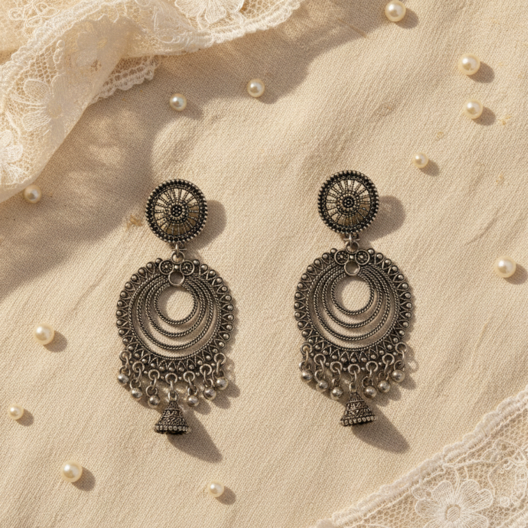 Oxidized Silver Layered Jhumka Earrings for Women | Traditional Circular Ethnic Statement Jewelry