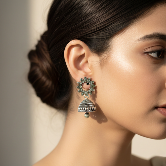 Oxidized Silver Floral Jhumki Earrings for Women | Traditional Dome Jhumka | Ethnic Statement Jewelry | Lightweight Daily & Festive Wear