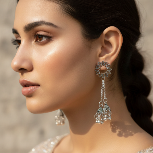 Oxidized Silver Floral Drop Jhumki Earrings for Women | Traditional Ethnic Dangling Jhumkas | Lightweight Statement Jewelry