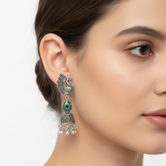 Oxidized Silver Peacock Design Jhumki Earrings for Women | Traditional Ethnic Dome Jhumkas | Statement Party & Festive Jewelry