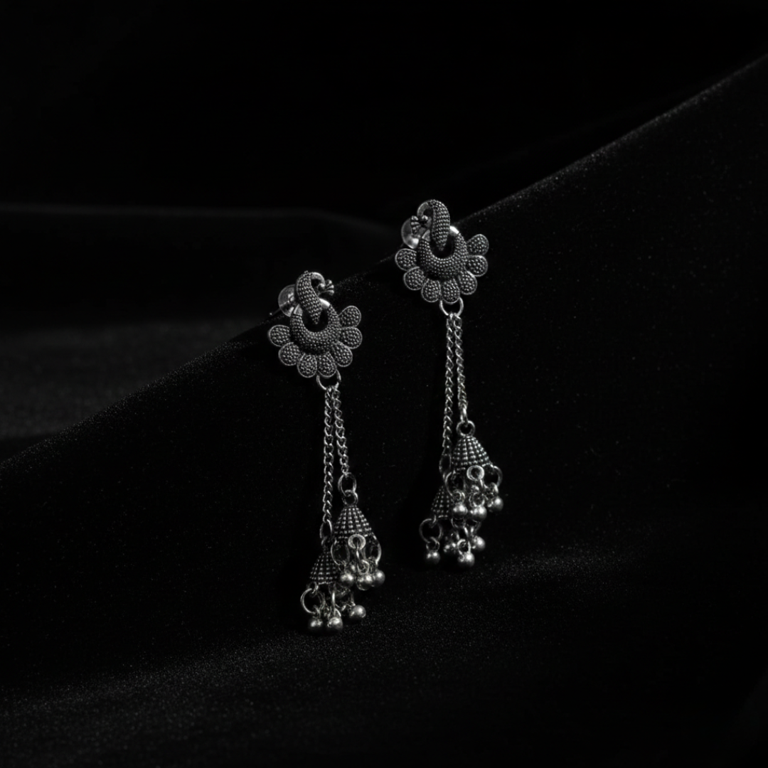 Oxidised Silver Peacock Floral Long Jhumki Earrings for Women | Traditional Ethnic Danglers | Statement Party & Festive Jewelry
