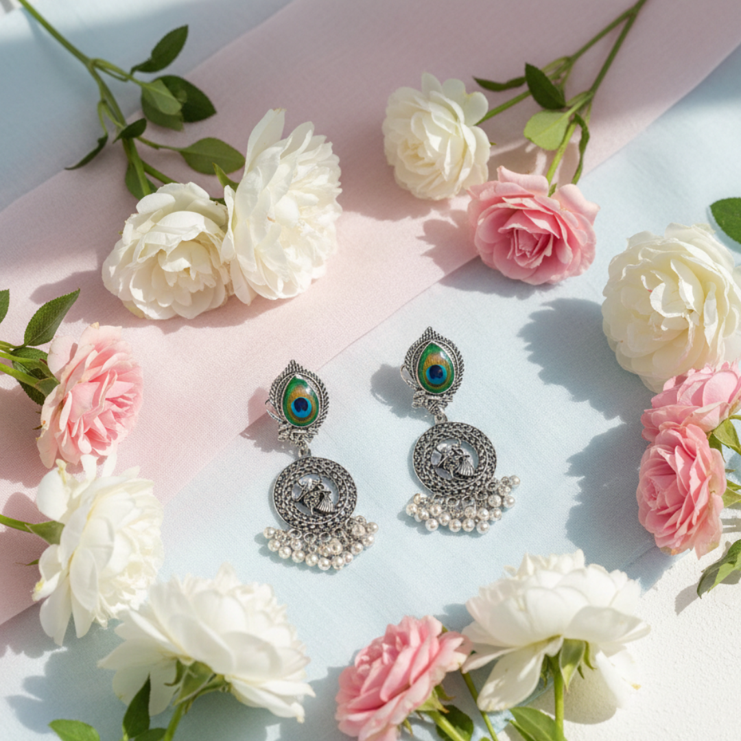 Oxidised Silver Radha Krishna Jhumki Earrings with Peacock Feather Design & Pearl Drops | Traditional Ethnic Temple Jewelry for Women