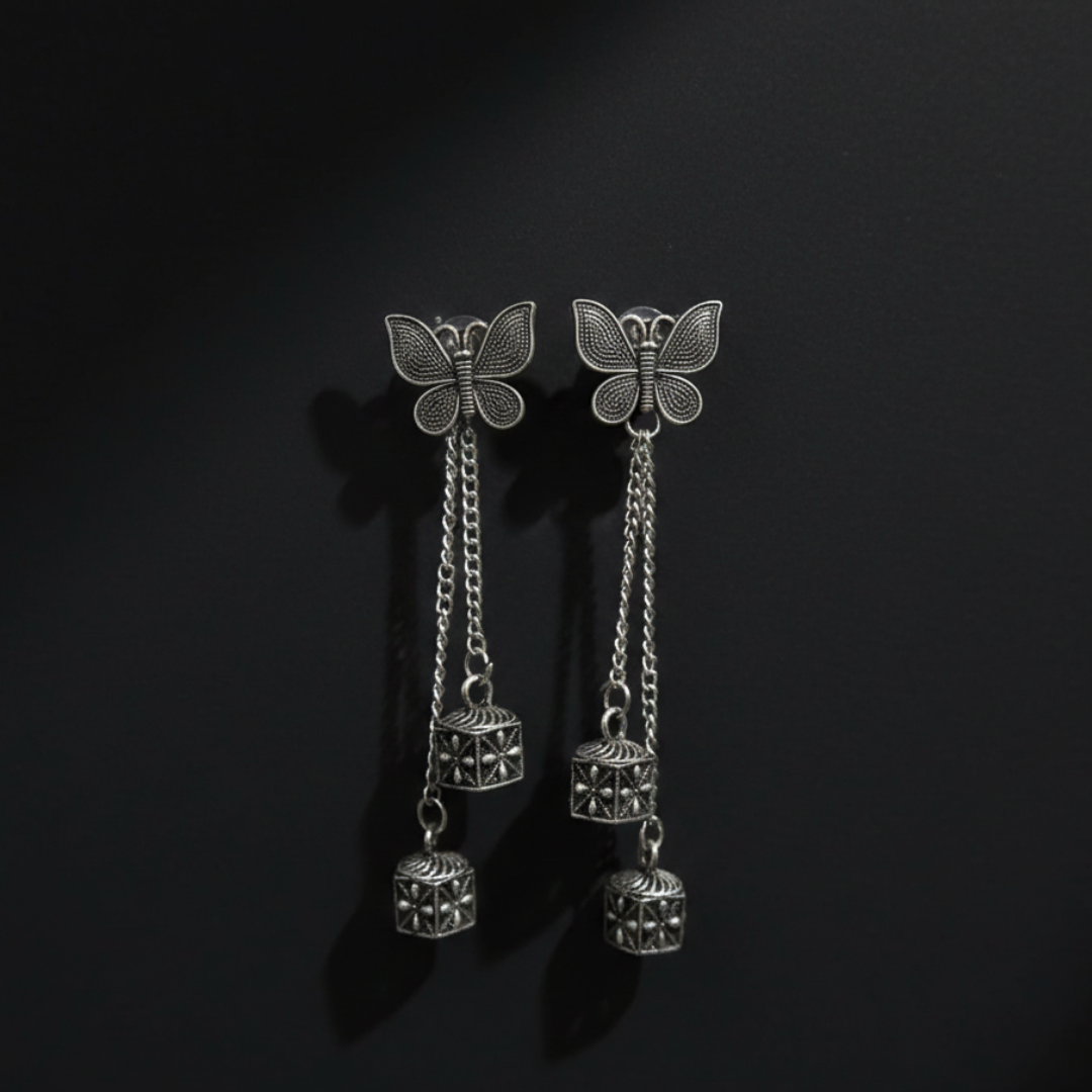 Oxidised Silver Butterfly Jhumki Earrings with Double Chain Drop – Handcrafted Ethnic Jewellery