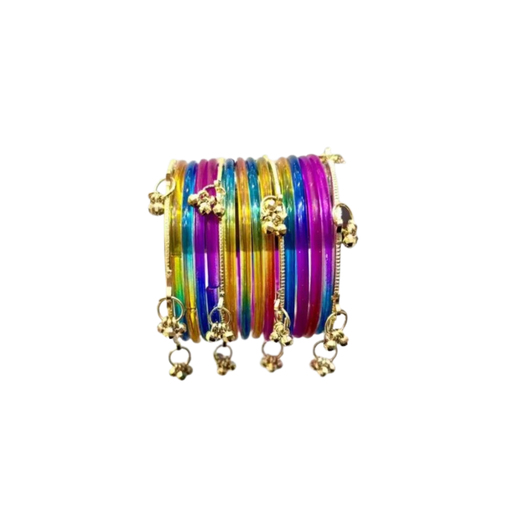 Multicolor Jelly Bangles Set for Women & Girls – 8 Plain Bangles with 4 Kashmiri Ghungroo Bangles