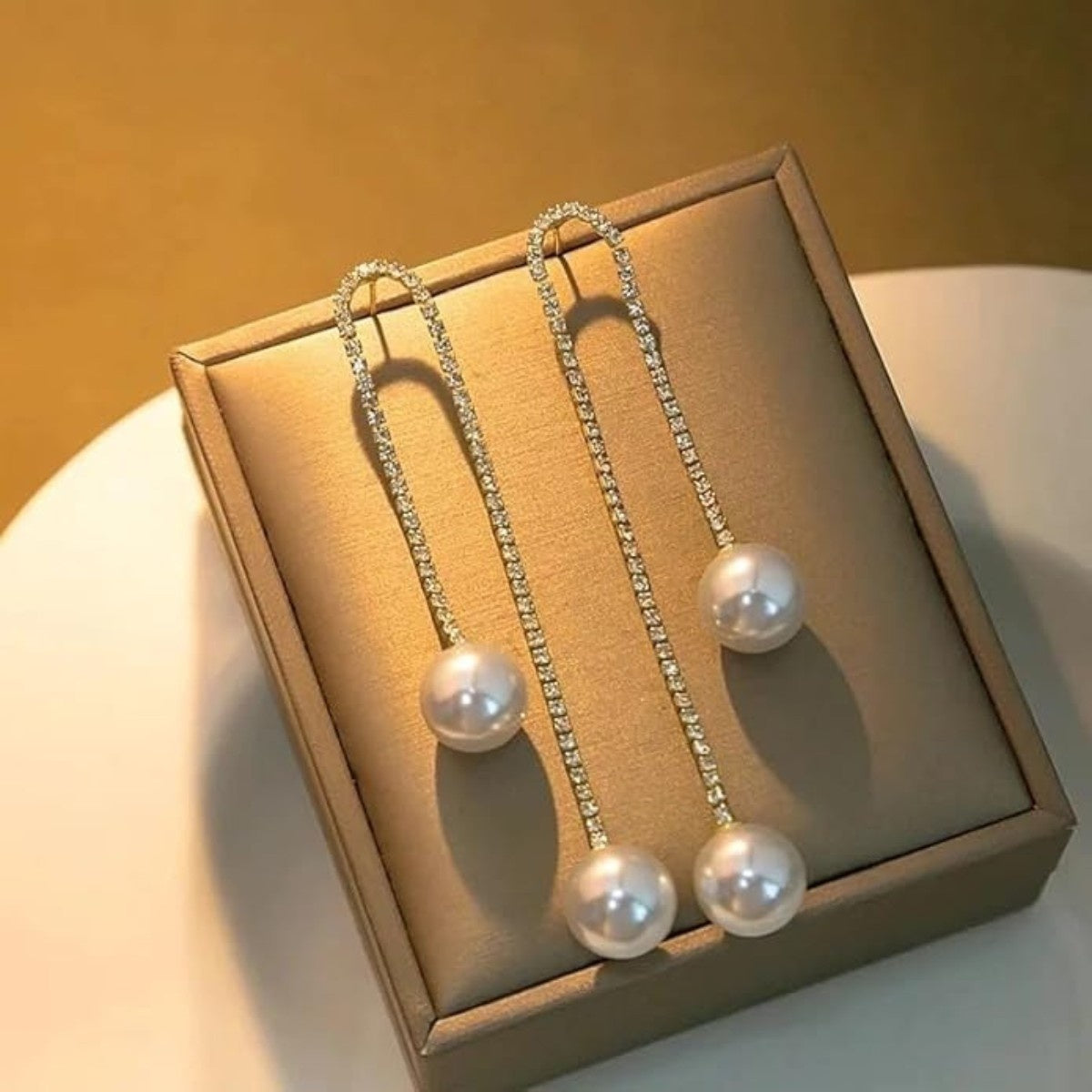 Silver U-Shaped Rhinestone Drop Earrings With Pearl Accent