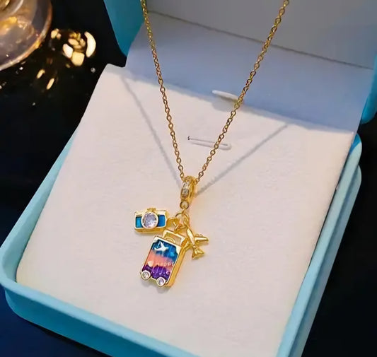 Gold Plated Travel-Themed Pendant Necklace For Women & Girls