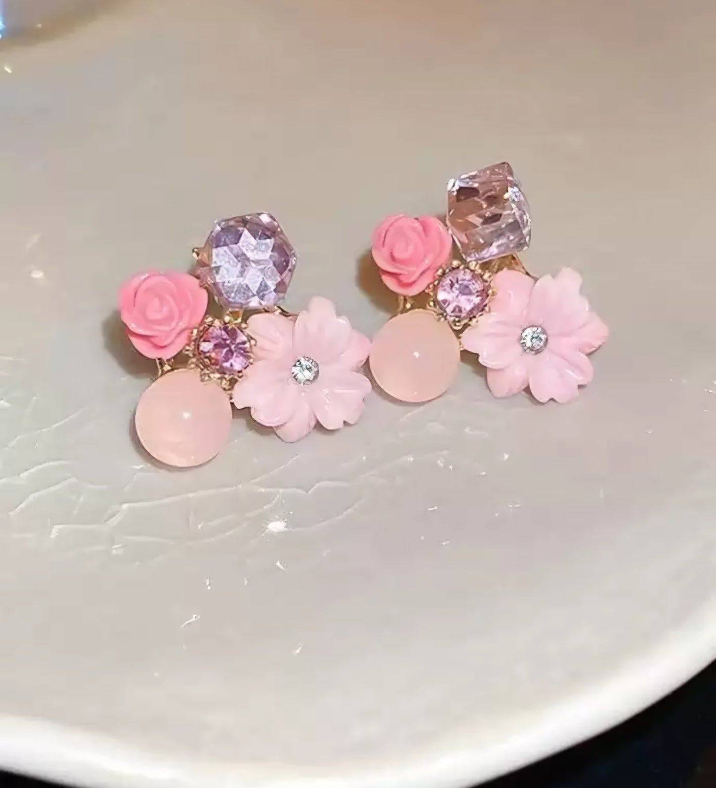 Pink Korean Style Floral Crystal Stud Earrings For Women & Girls