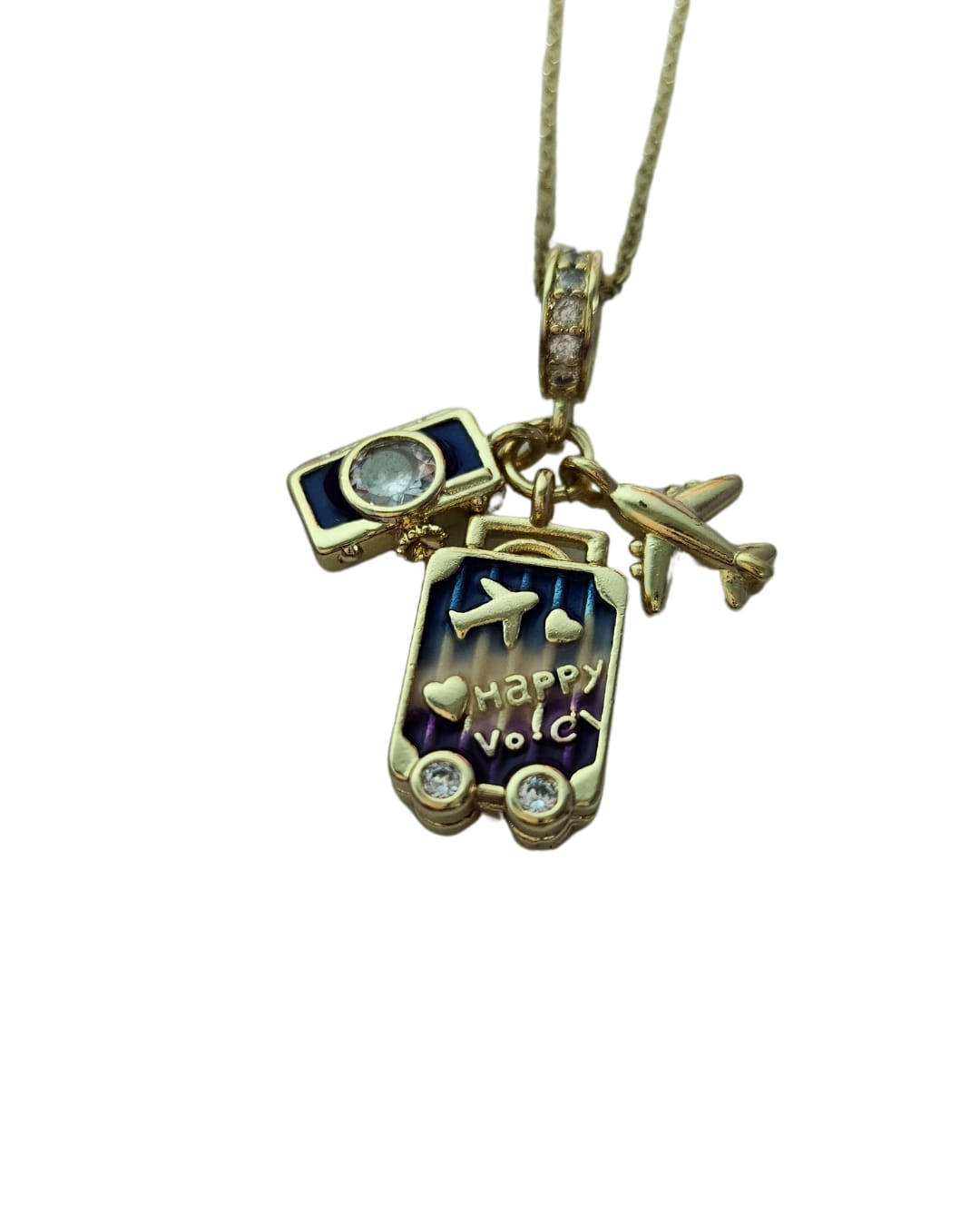 Gold-Tone Pendant Necklace With Crystal Travel Suitcase, Aeroplane & Camera Charms & Gift Box