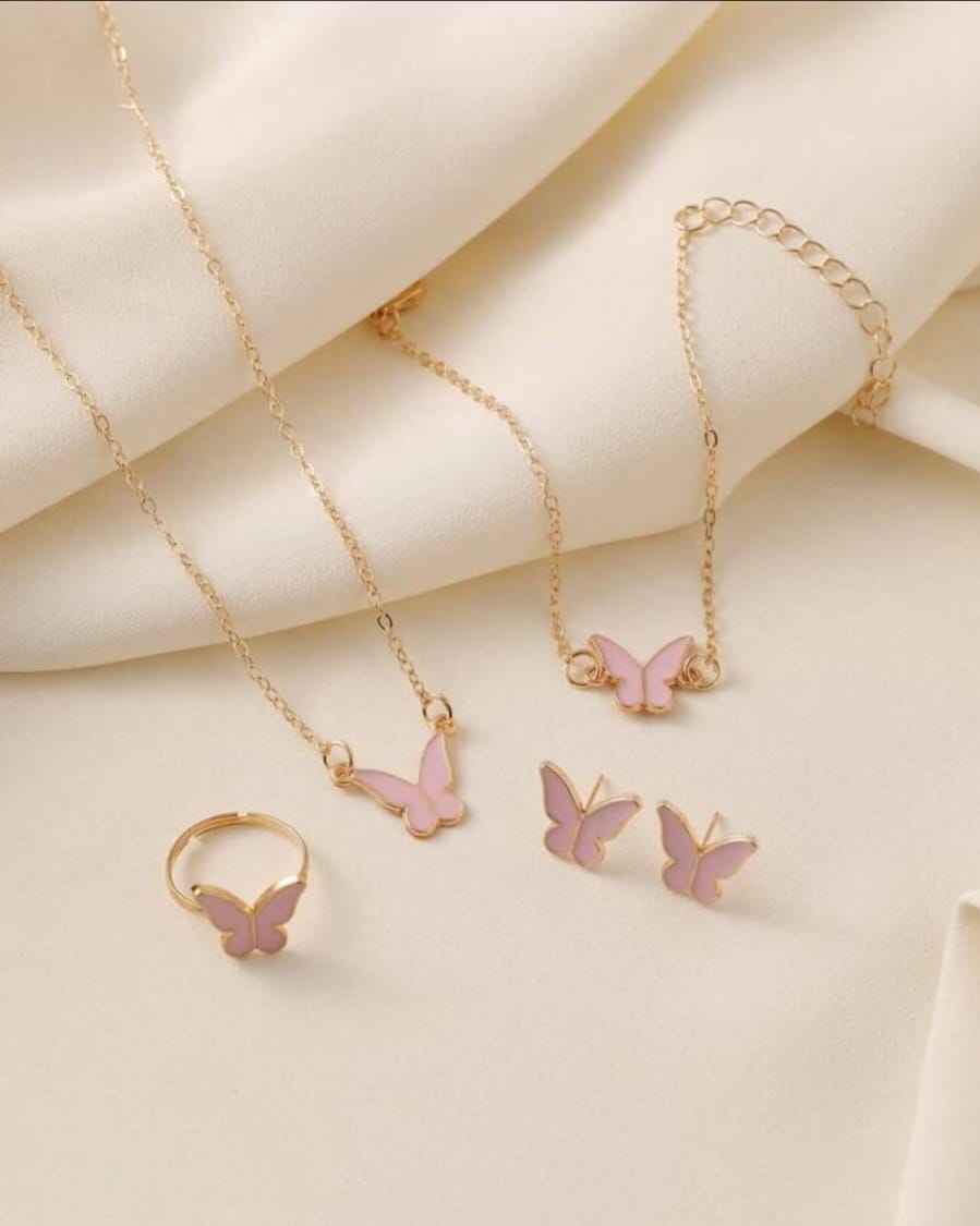 Pink Elegant Butterfly Jewelry Set For Women & Girls (Ring, Earrings, Necklaces)