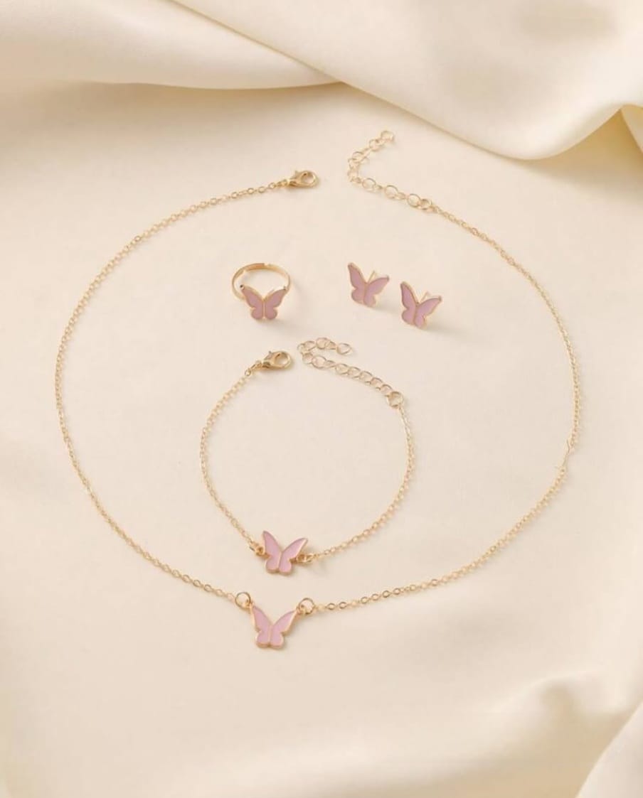 Pink Elegant Butterfly Jewelry Set For Women & Girls (Ring, Earrings, Necklaces)