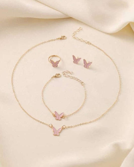Pink Elegant Butterfly Jewelry Set For Women & Girls (Ring, Earrings, Necklaces)