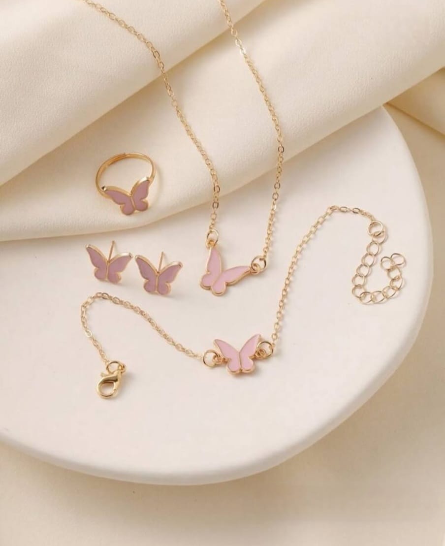 Pink Elegant Butterfly Jewelry Set For Women & Girls (Ring, Earrings, Necklaces)