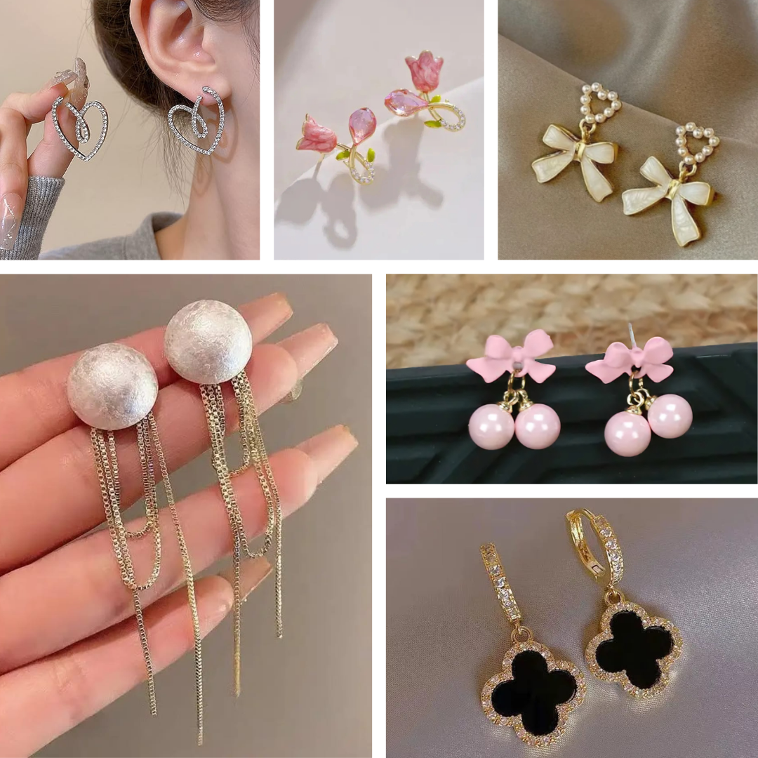 Earrings Combo Set of 6 | Cute Bow, Floral, Heart & Pearl Dangle Studs for Girls & Women | Elegant Korean Style