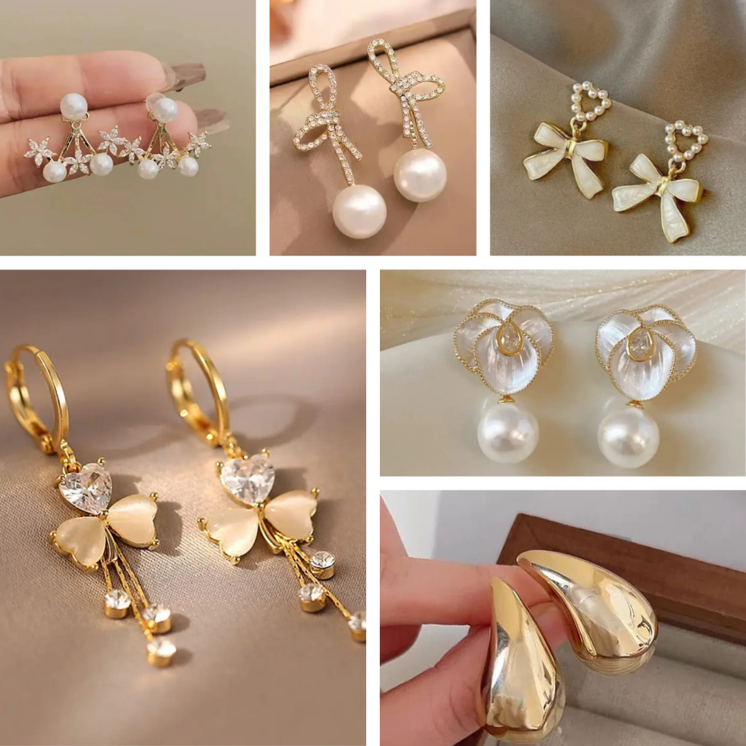 Elegant Pearl & Gold Earrings Combo Set | 6 Premium Statement Studs for Women & Girls | Classy & Trendy Designs