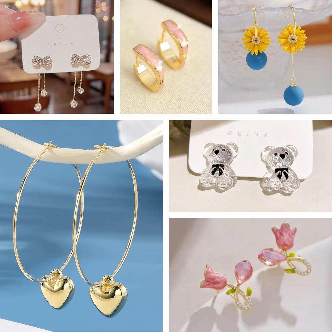 Trendy Cute Earrings Combo Set β 6 Pairs of Floral, Heart & Bear Earrings for Girls | Lightweight Daily Wear Studs & Hoops
