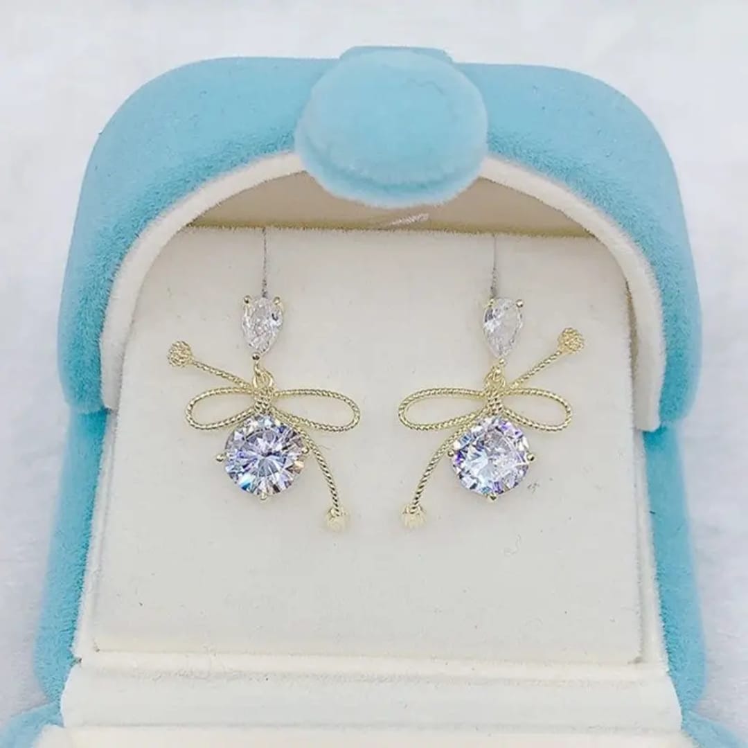 Blue Bow Stud Long Earrings