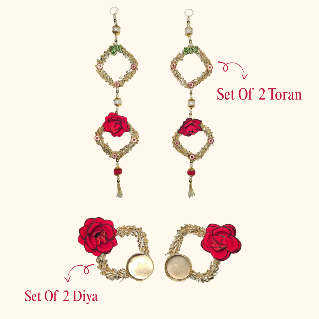 Elegant Red Rose and Gold Toran Set with Matching Rings – Festive & Wedding Decor