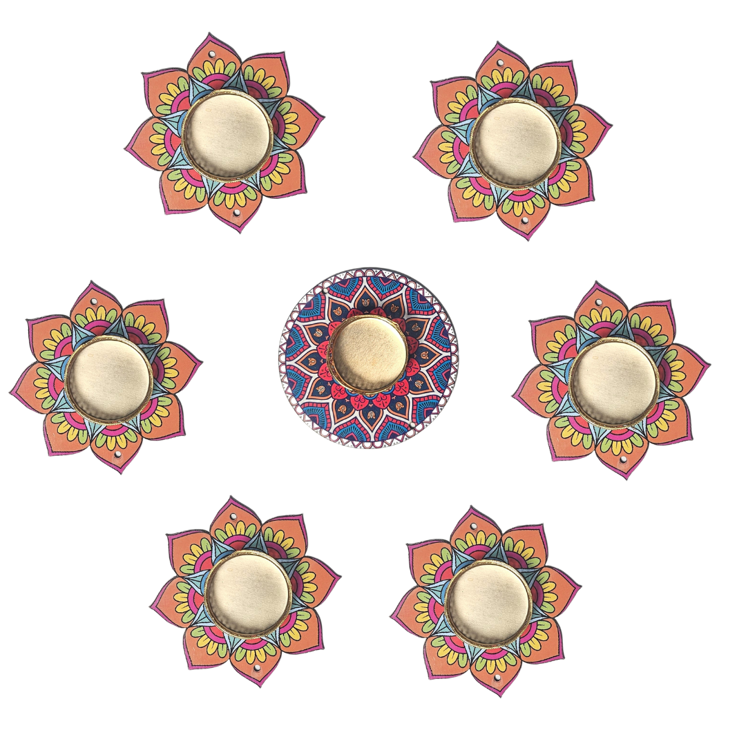 Set of 7 Decorative Diya Holders | Floral & Mandala Design Tealight Set for Festivals