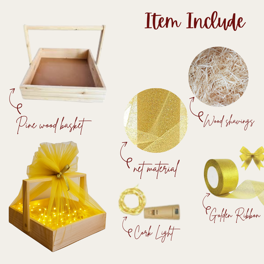 Golden Net Wrapped Wooden Gift Box with LED Lights – Elegant Festive Hamper Basket