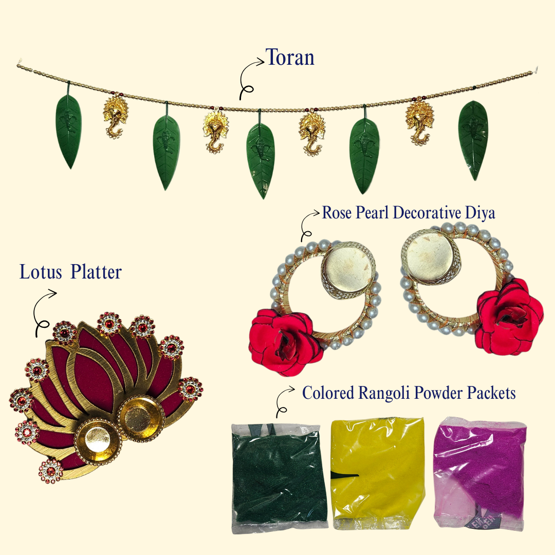 Festive Diwali Decoration Combo Set with Toran Bandhanwar Lotus Platter Diyas and Rangoli