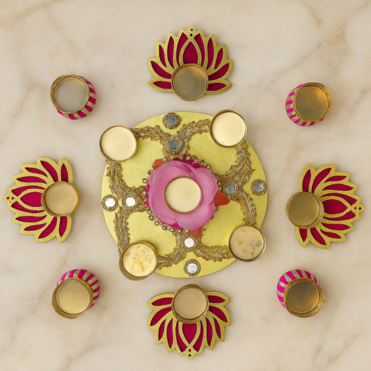 Golden Lotus Decorative Diya Set with Rangoli Base Plate – Perfect for Festivals & Pooja