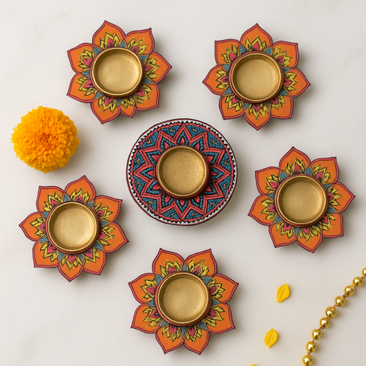 Set of 7 Decorative Diya Holders | Floral & Mandala Design Tealight Set for Festivals