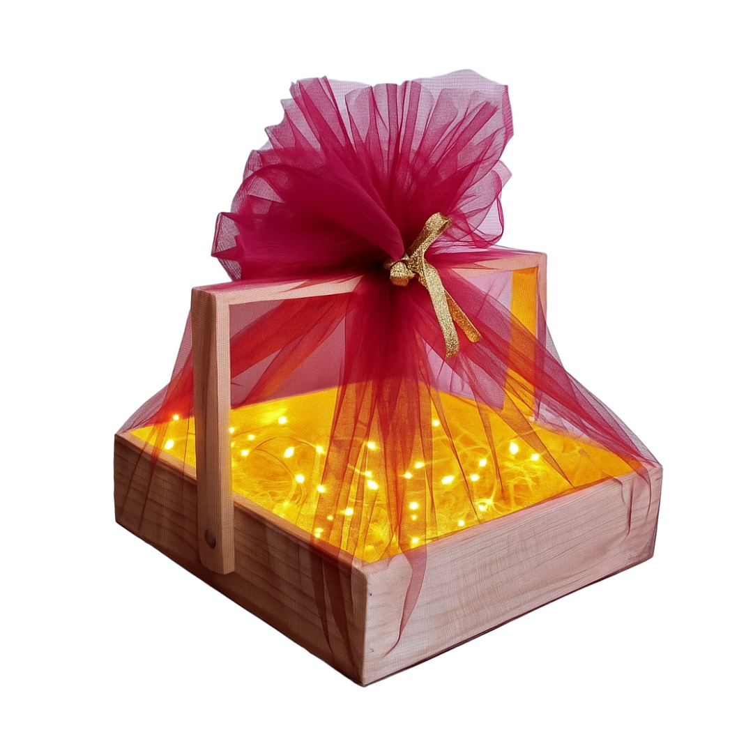 Elegant Wooden Gift Hamper Box with LED Lights & Decorative Net Cover