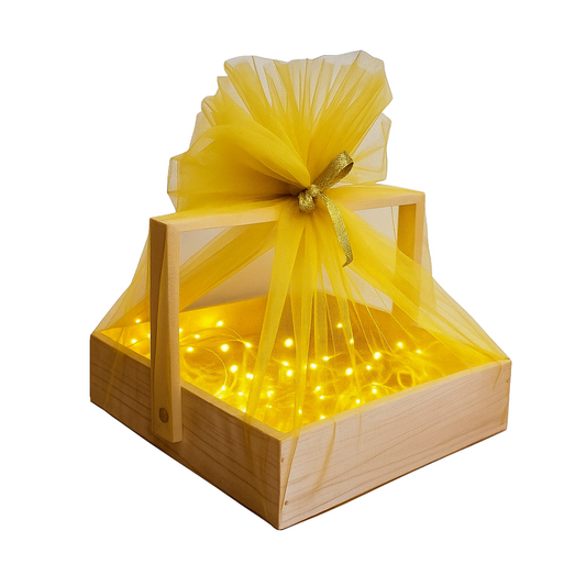 Golden Net Wrapped Wooden Gift Box with LED Lights – Elegant Festive Hamper Basket