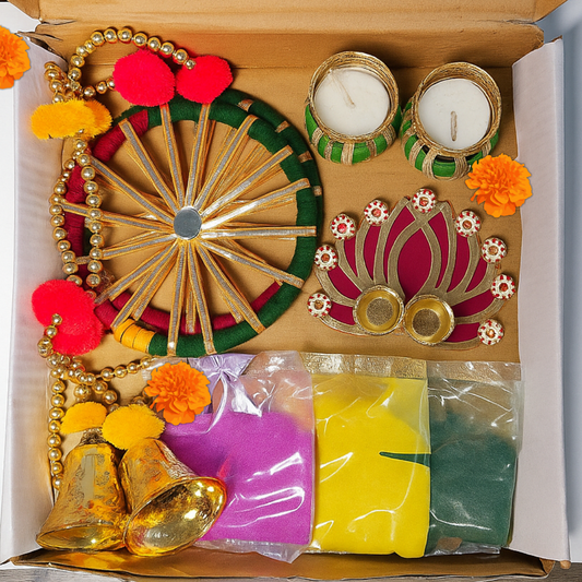Traditional Diwali Décor Set with Toran, Diya Holders, Lotus Platter & Rangoli