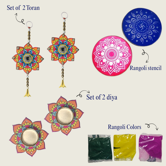 Diwali Decoration Combo Set of 2 Toran with Rangoli Stencil Colors and Diya