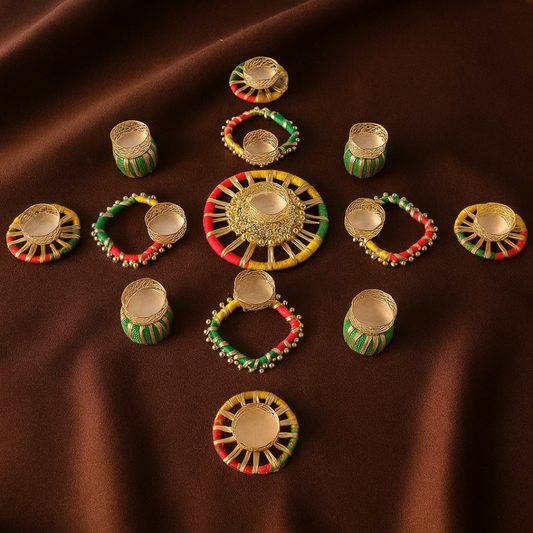 Traditional Brass Finish Decorative Diya Set – Multicolor Festival Decoration